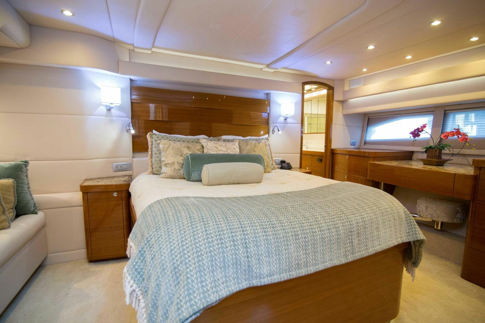 a bed in a room aboard PREDATOR Yacht for Sale