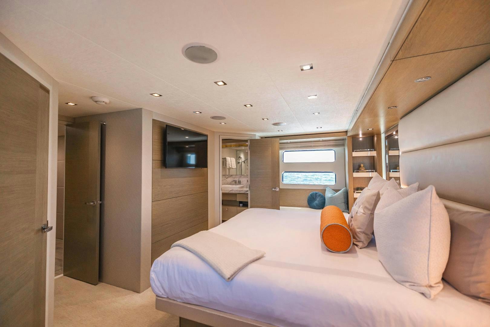 a bed in a room aboard BELLA SKY Yacht for Sale