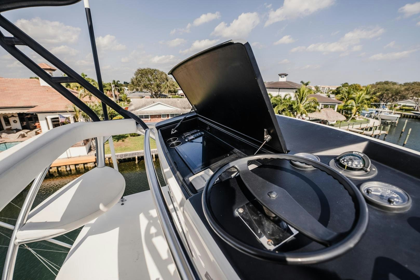 a steering wheel on a boat aboard AUSPICIOUS Yacht for Sale