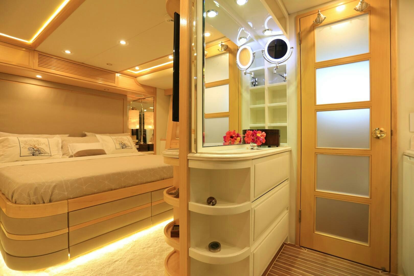 a bathroom with a glass door aboard FORTY LOVE Yacht for Sale