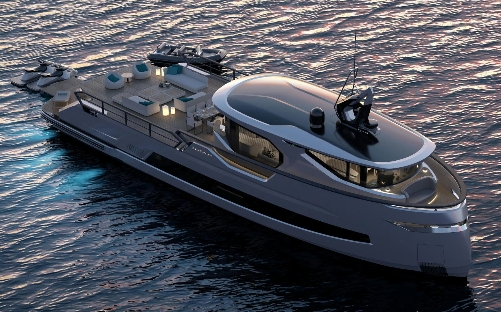 a white boat on water aboard ALUNA 87 Yacht for Sale