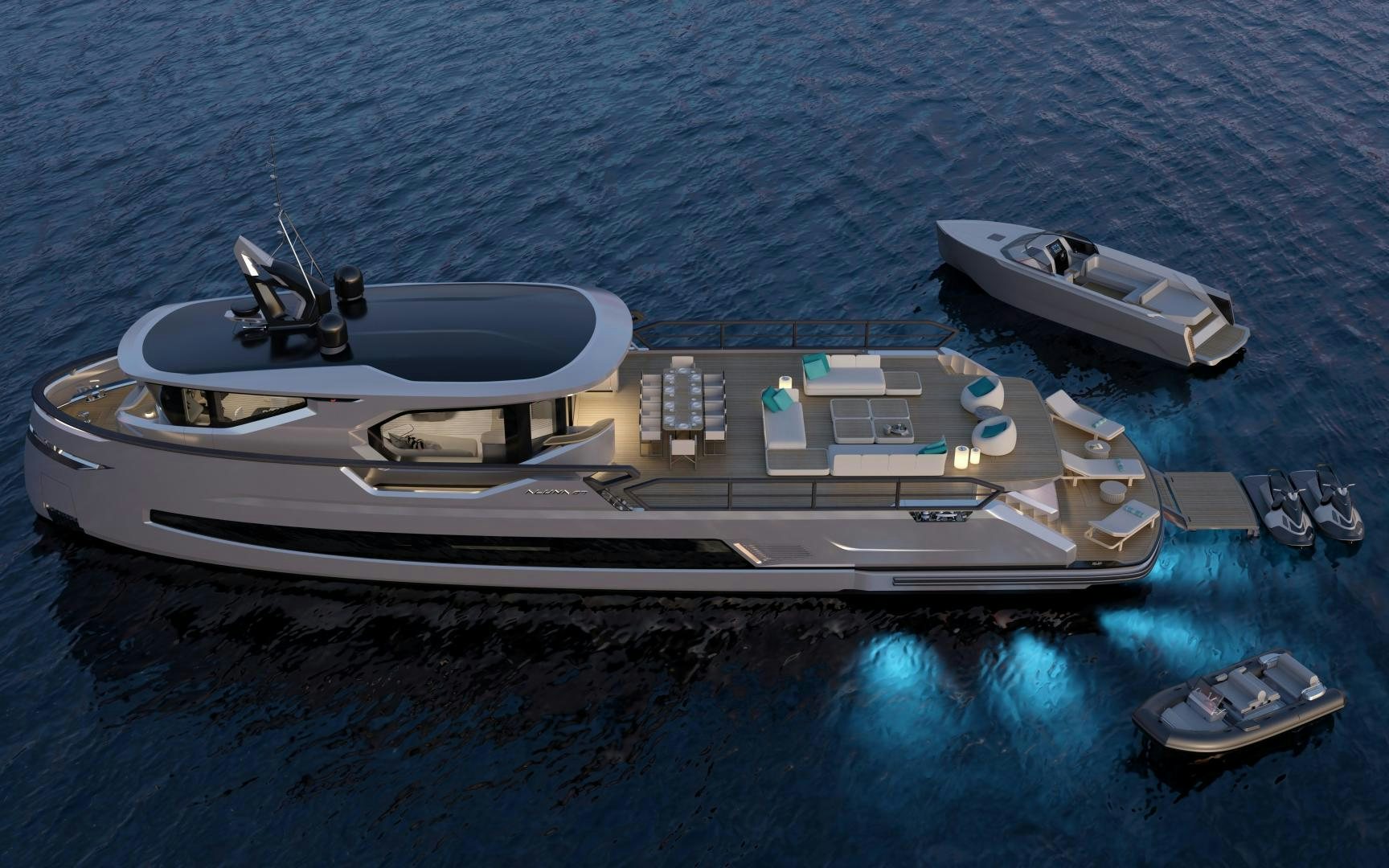 a space ship on the water aboard ALUNA 87 Yacht for Sale