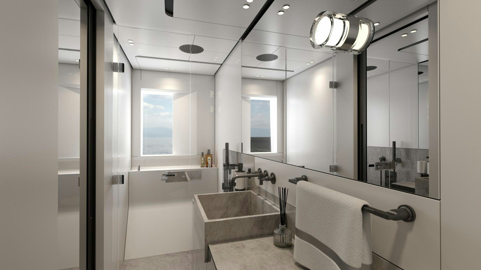 a bathroom with a large mirror aboard ALUNA 87 Yacht for Sale