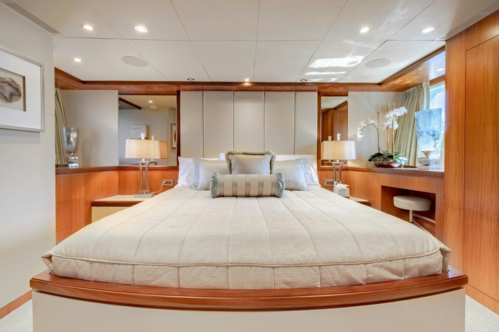 a large bed in a hotel room aboard JOURNEY Yacht for Sale