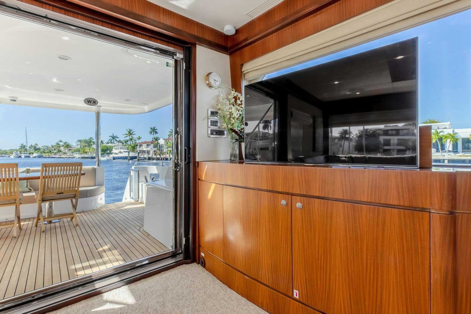 a kitchen with a large window aboard JOURNEY Yacht for Sale