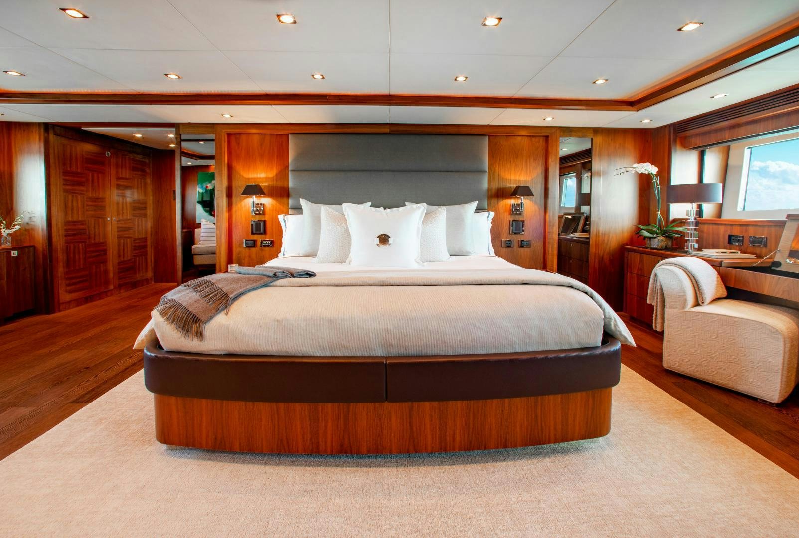a bed in a room aboard ACACIA Yacht for Sale