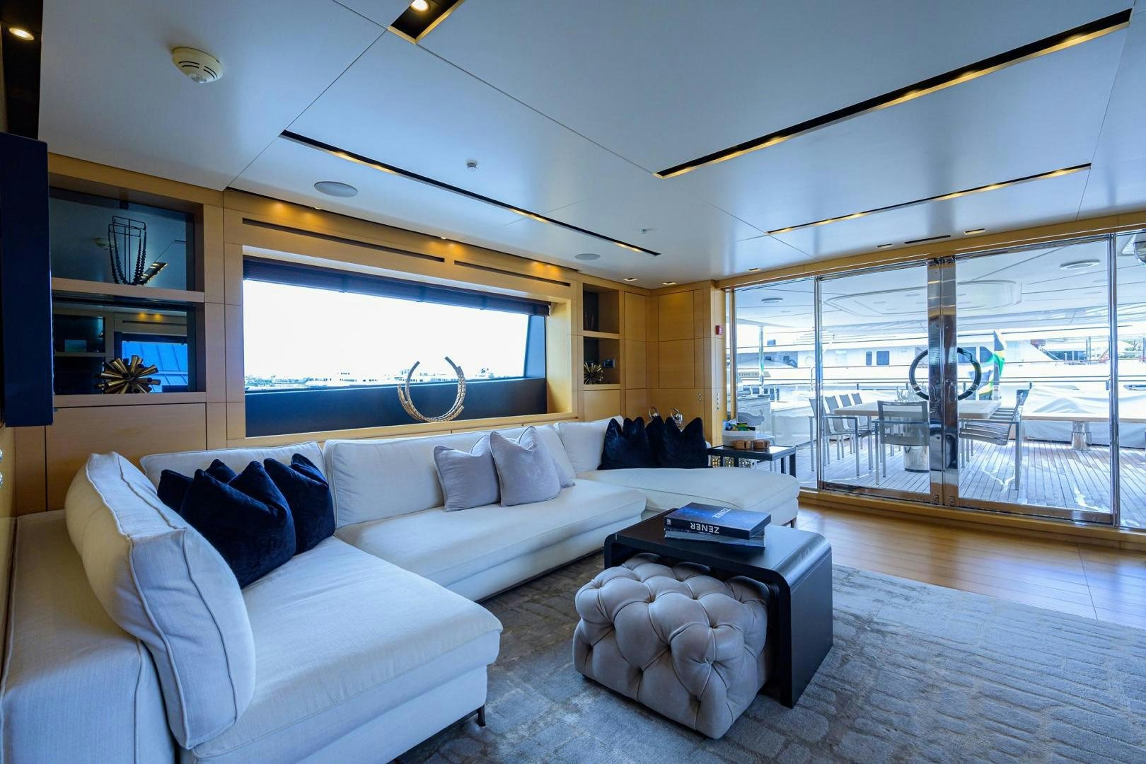 a living room with a large window aboard AWAY Yacht for Sale
