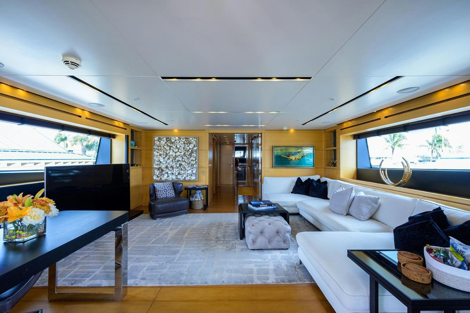 a living room with a large window aboard AWAY Yacht for Sale