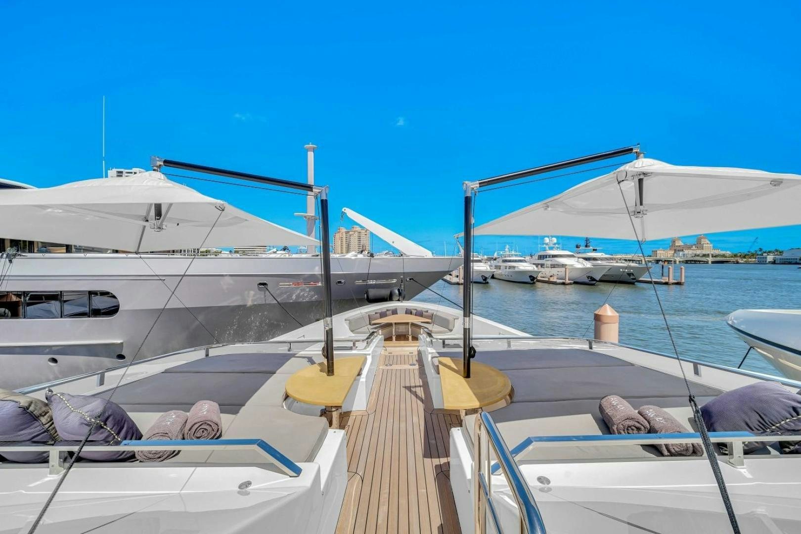 a boat docked at a pier aboard AWAY Yacht for Charter
