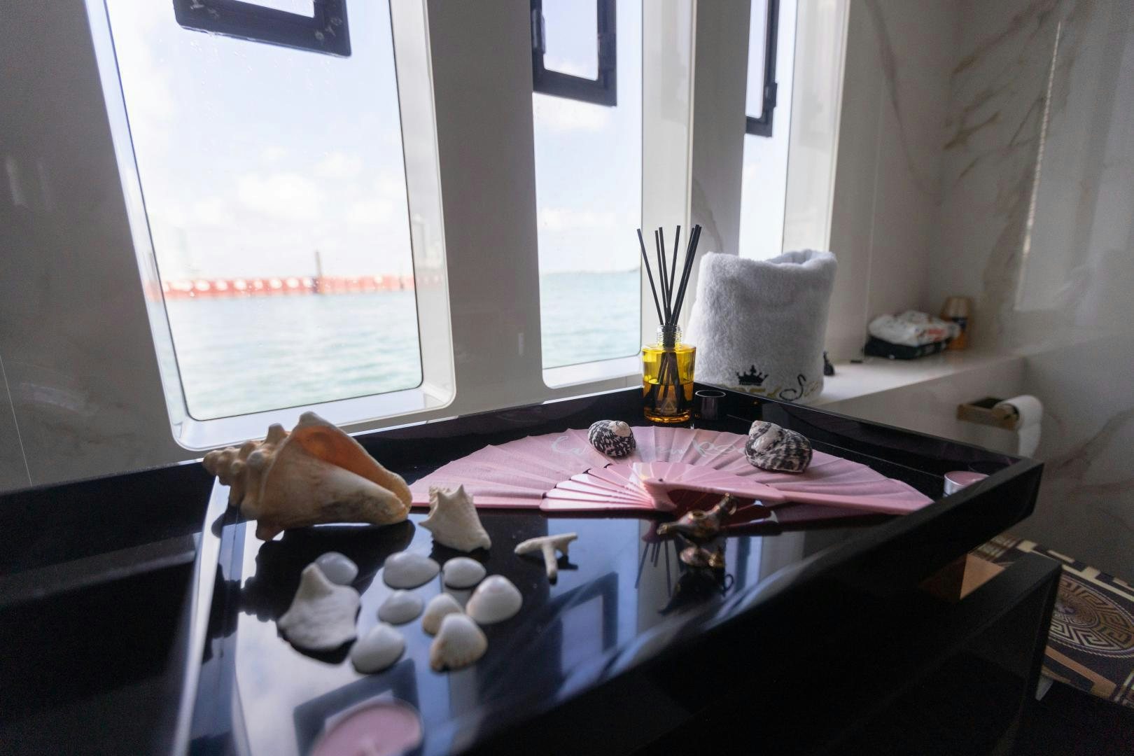 a table with a tray of food aboard ROCK STAR 2.0 Yacht for Sale