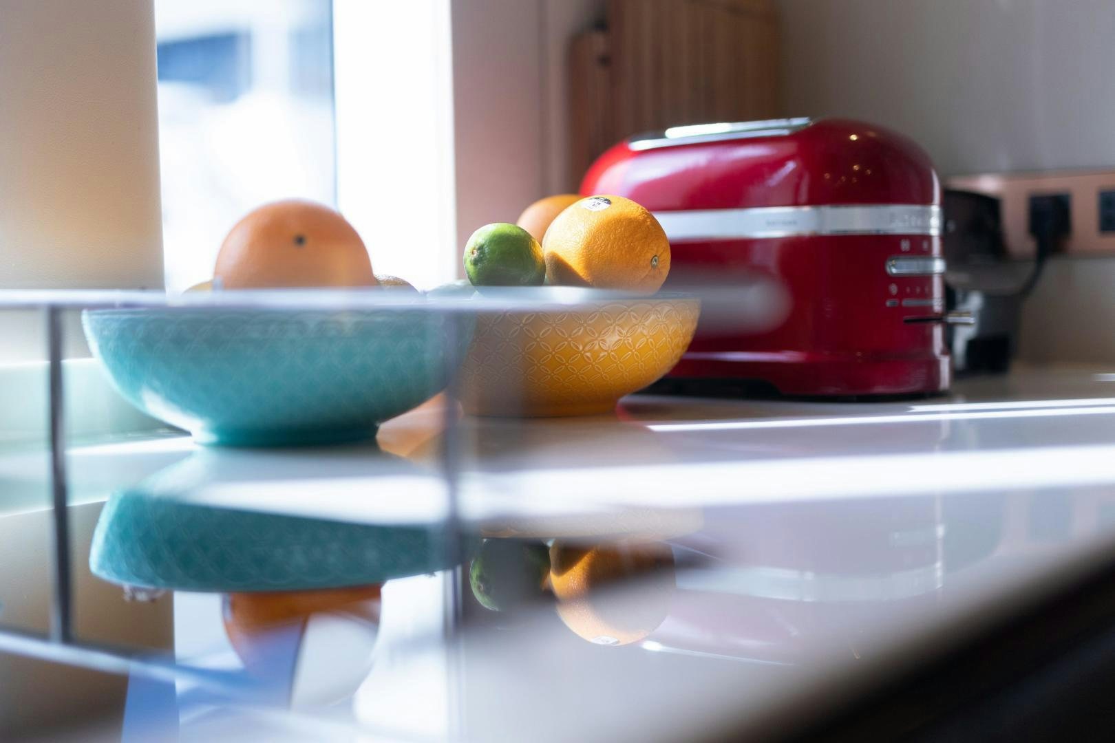 a bowl of fruit on a kitchen counter aboard ROCK STAR 2.0 Yacht for Sale