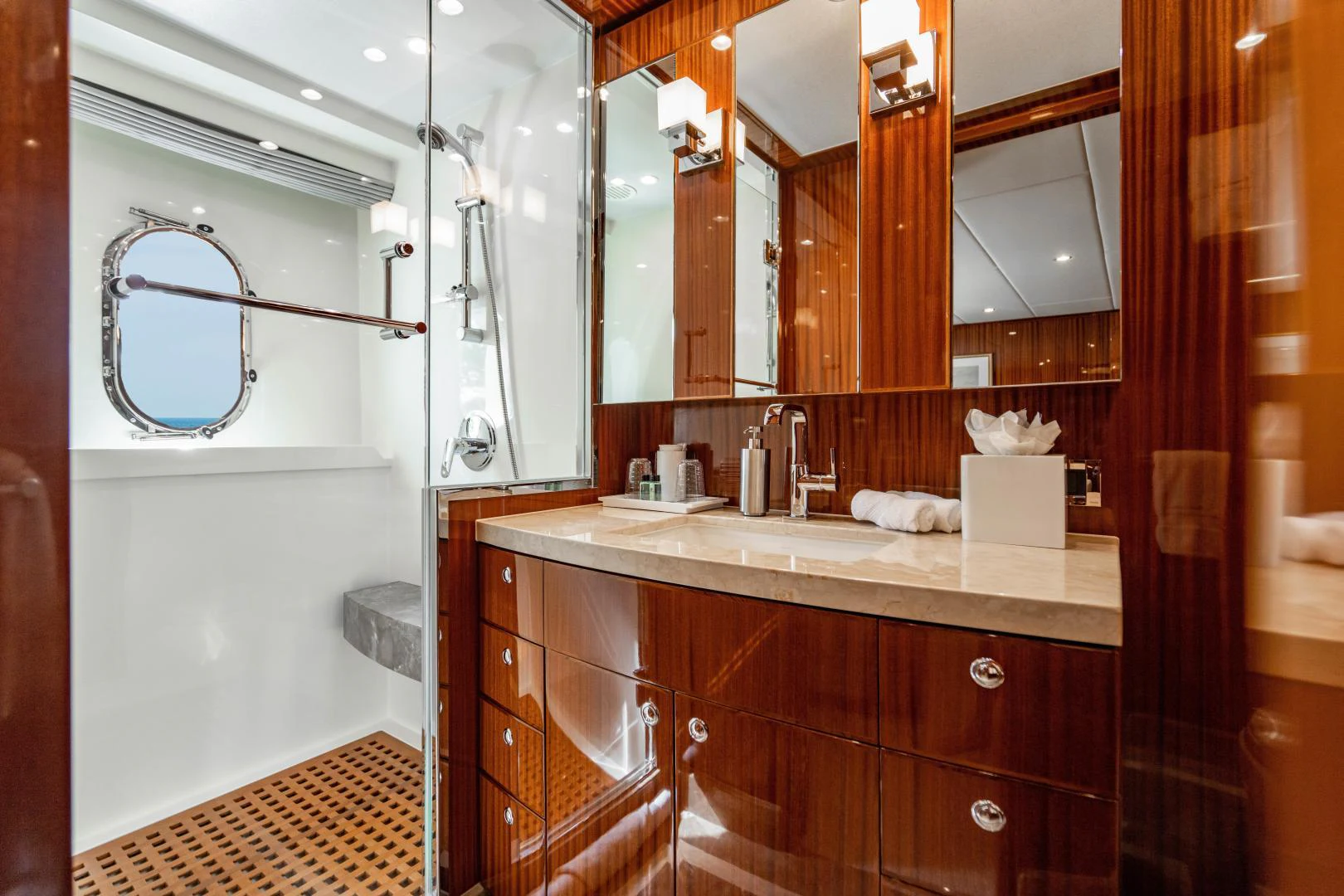 a bathroom with a sink and cabinets aboard RENAISSANCE Yacht for Sale
