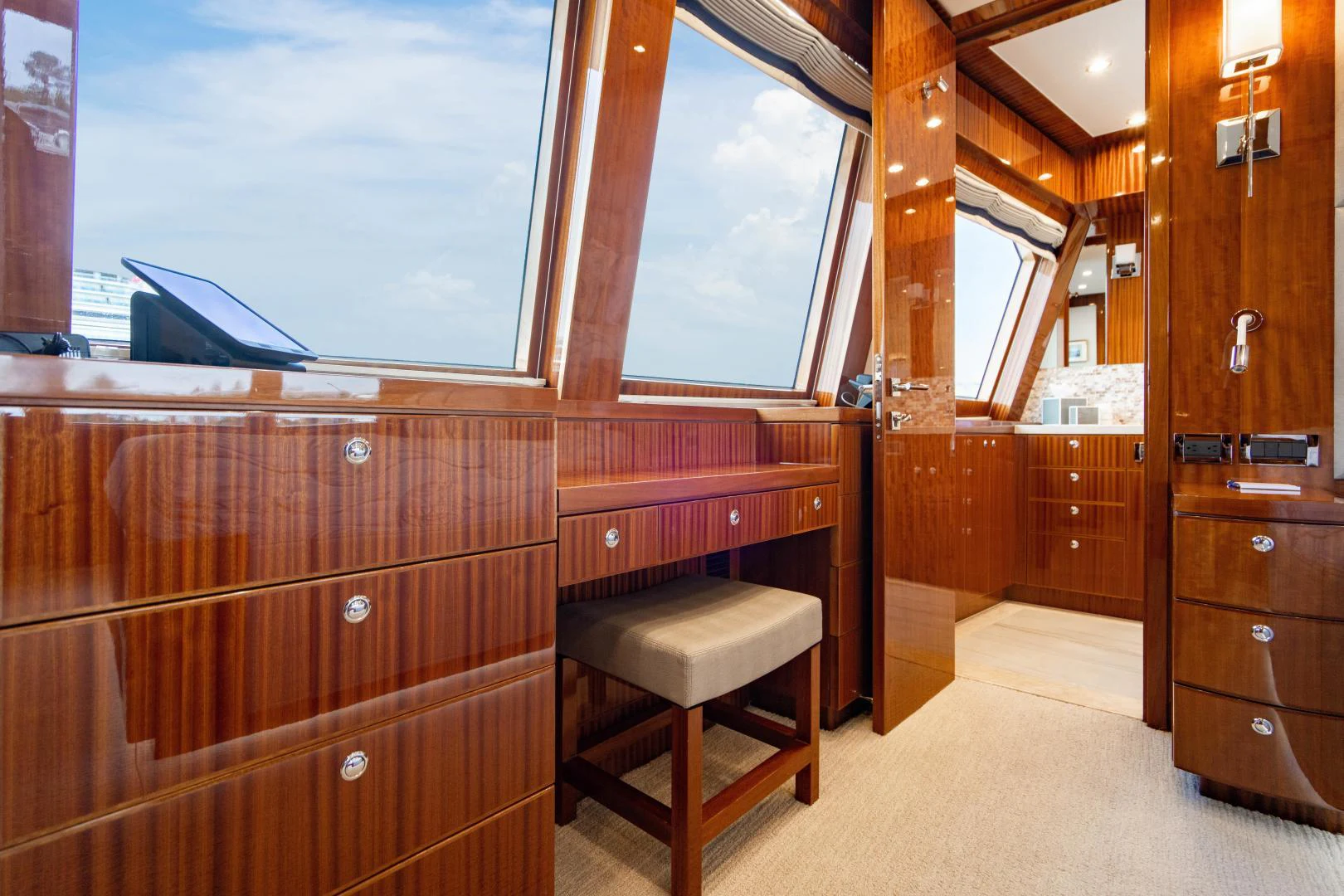a room with a window and a desk aboard RENAISSANCE Yacht for Sale