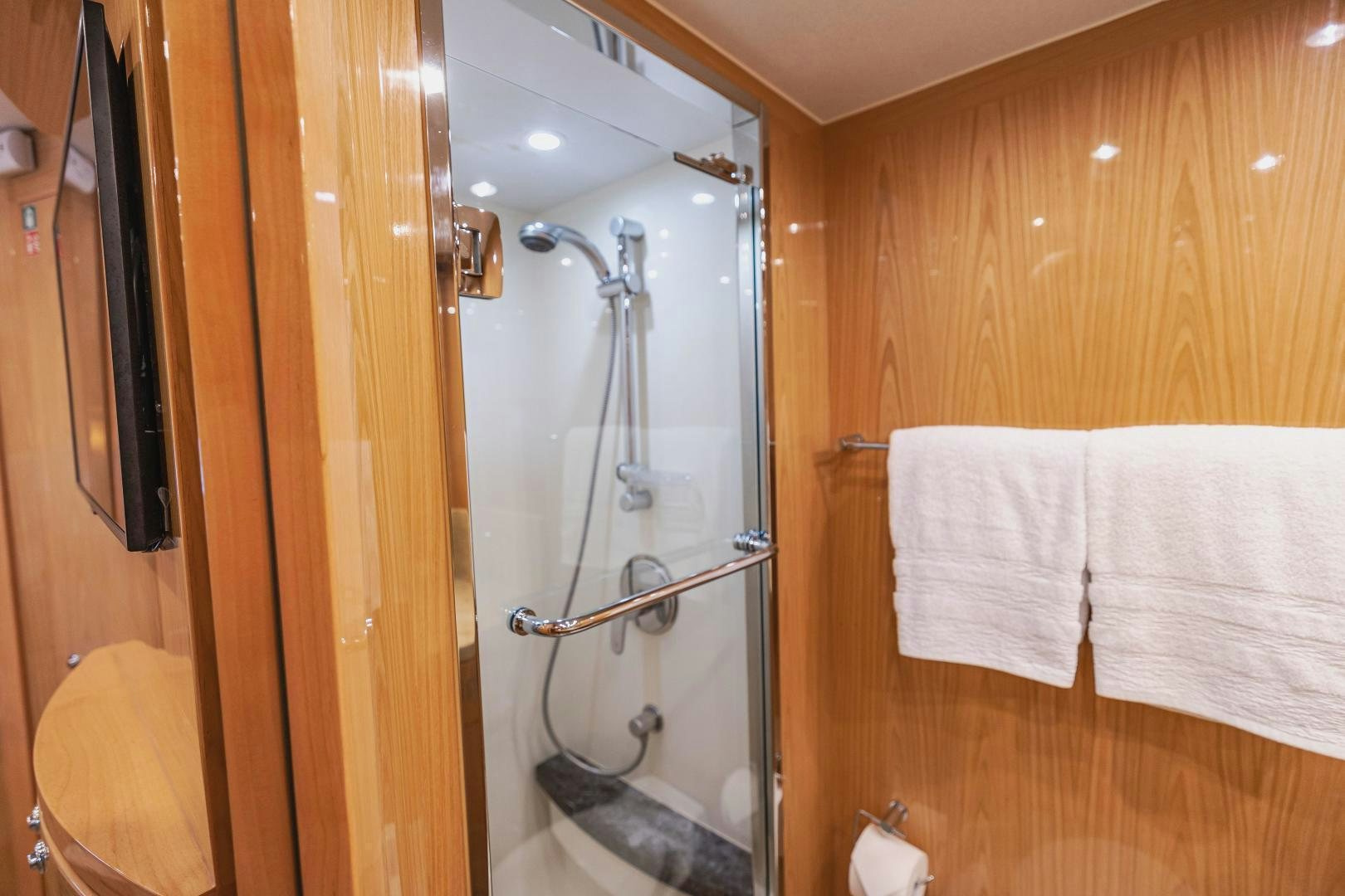 a shower with a glass door aboard GRATITUDE Yacht for Sale
