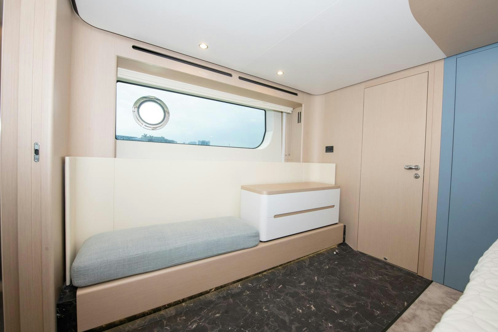 a bed in a room aboard CRIMSON Yacht for Sale