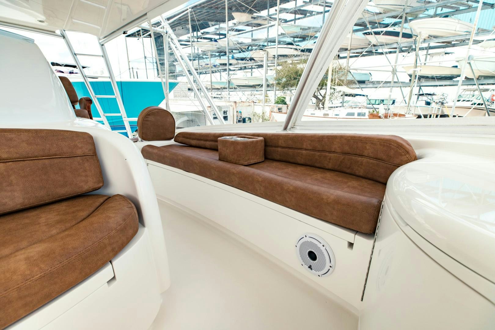 a wood structure with a round object on it aboard SHOE Yacht for Sale