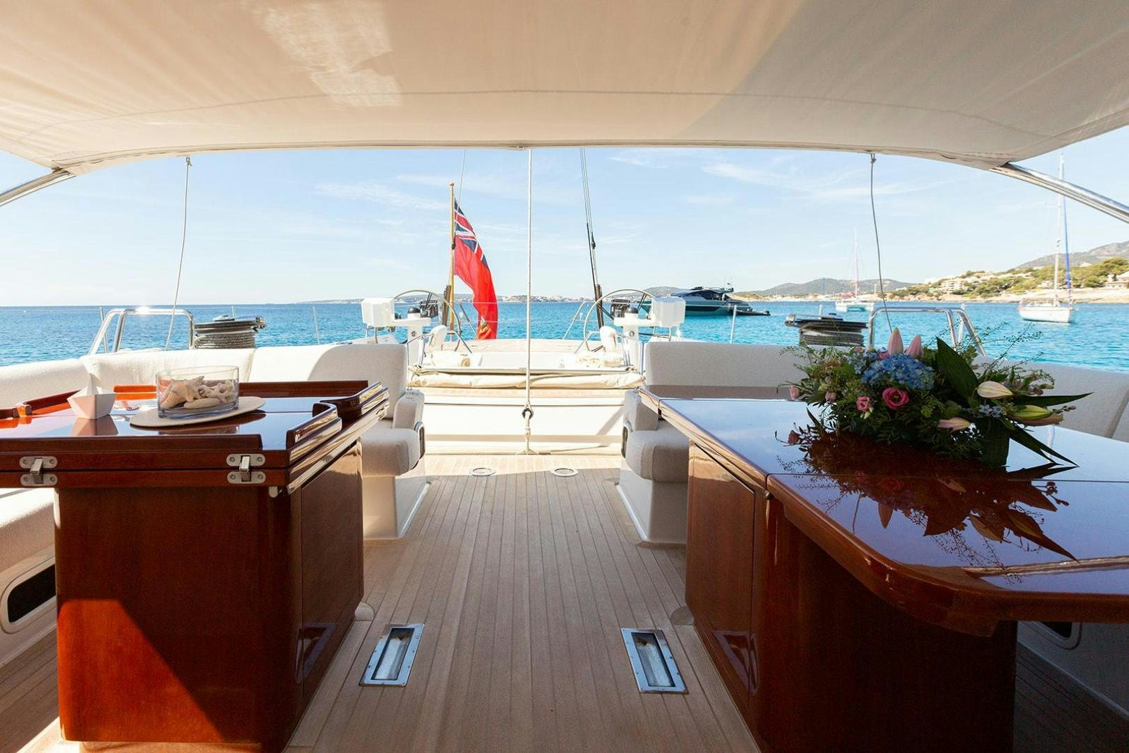 a room with a table chairs and a view of the water aboard KENORA Yacht for Sale