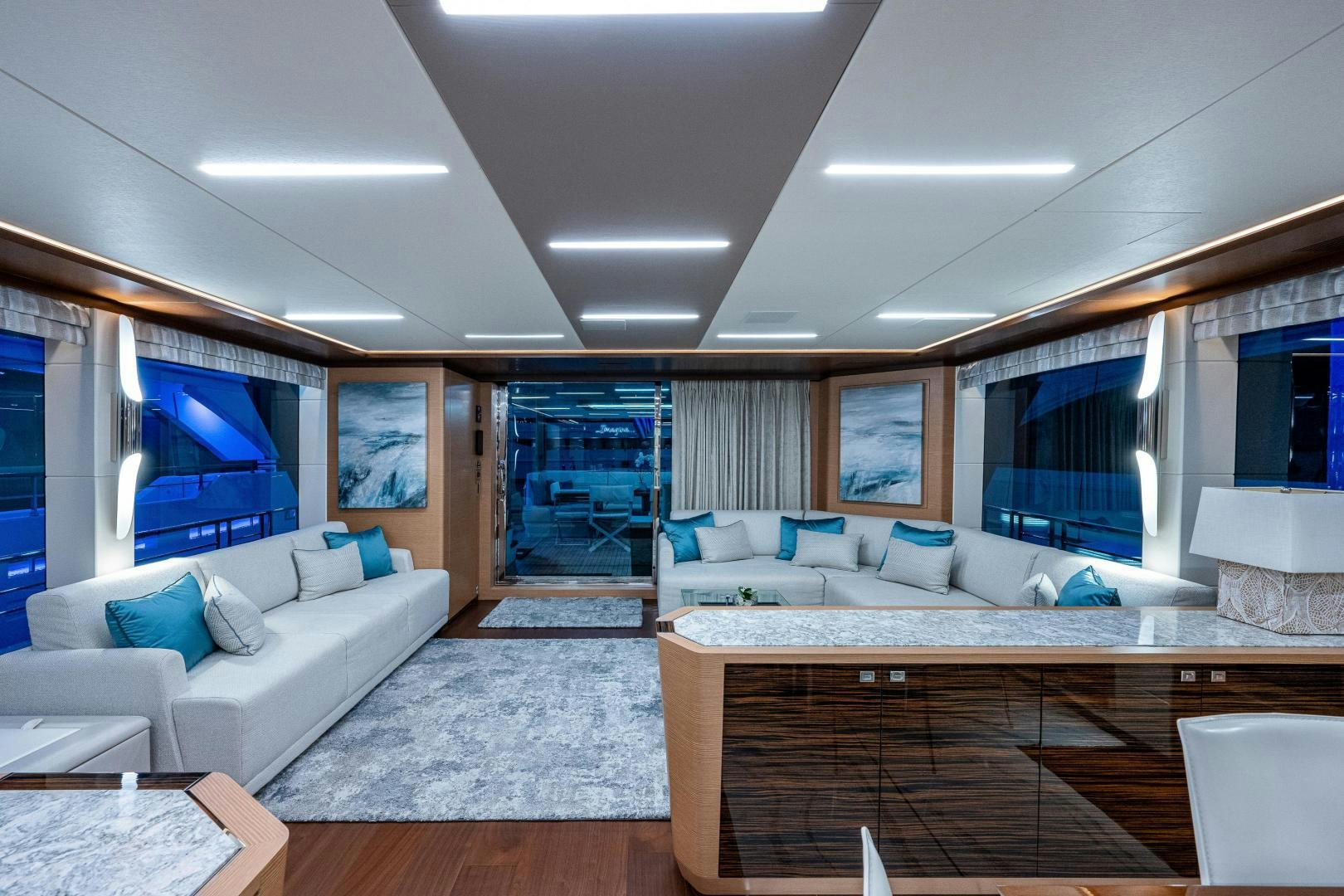 a living room with a large window aboard SEAMENT Yacht for Sale