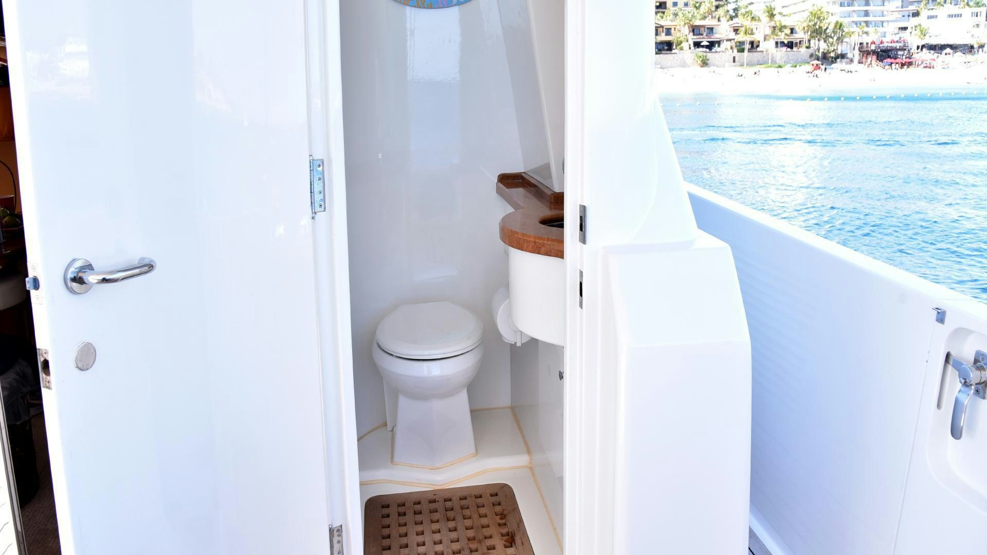 a toilet in a bathroom aboard CONDORS NEST Yacht for Sale
