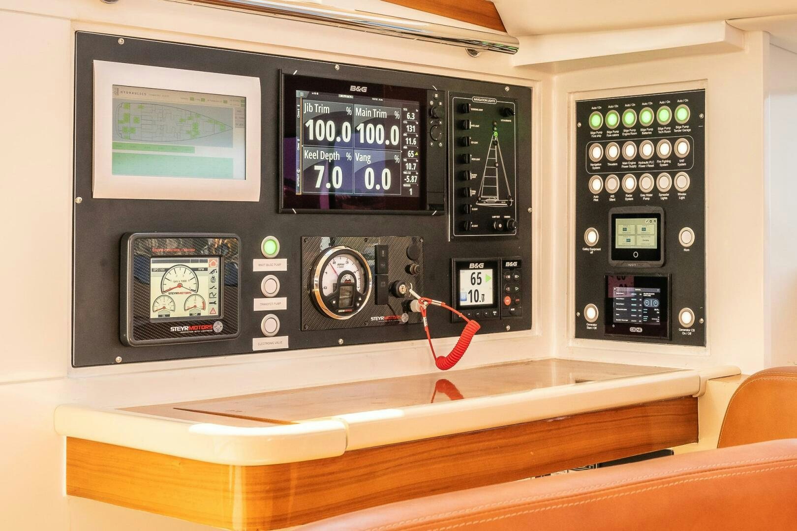 a control panel with green lights aboard BLISS II Yacht for Sale