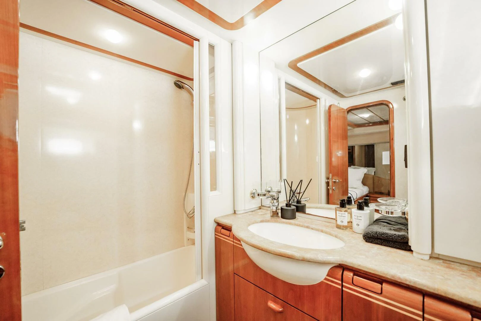 a bathroom with a large mirror aboard RABBIT Yacht for Sale