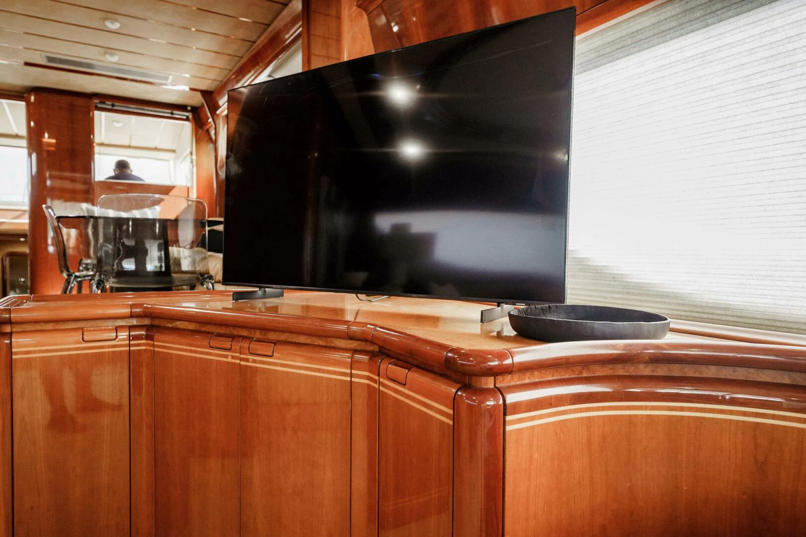 a kitchen with a stove and a wood stove aboard RABBIT Yacht for Sale