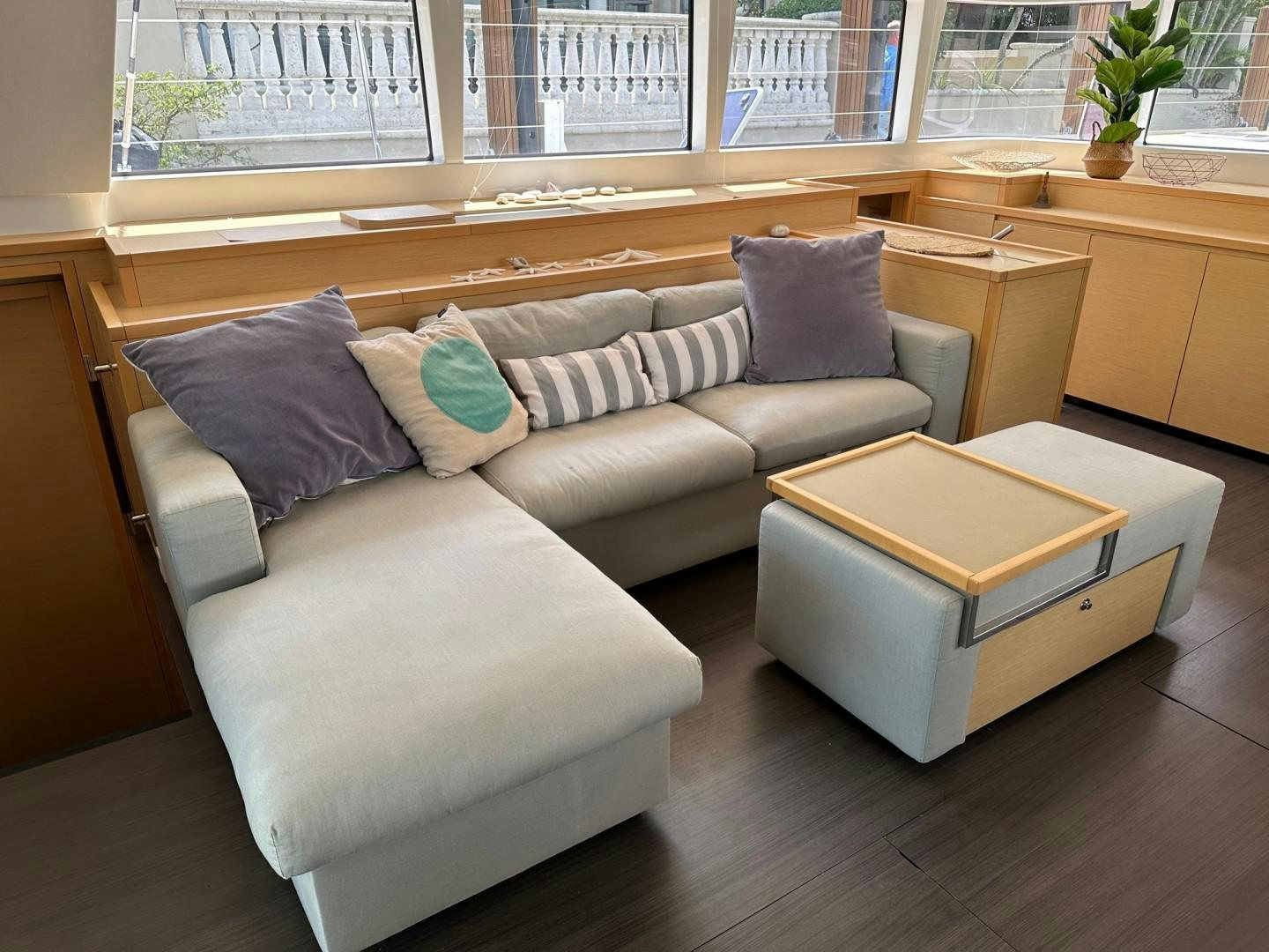 a couch in a room aboard OCEAN VIEW Yacht for Sale