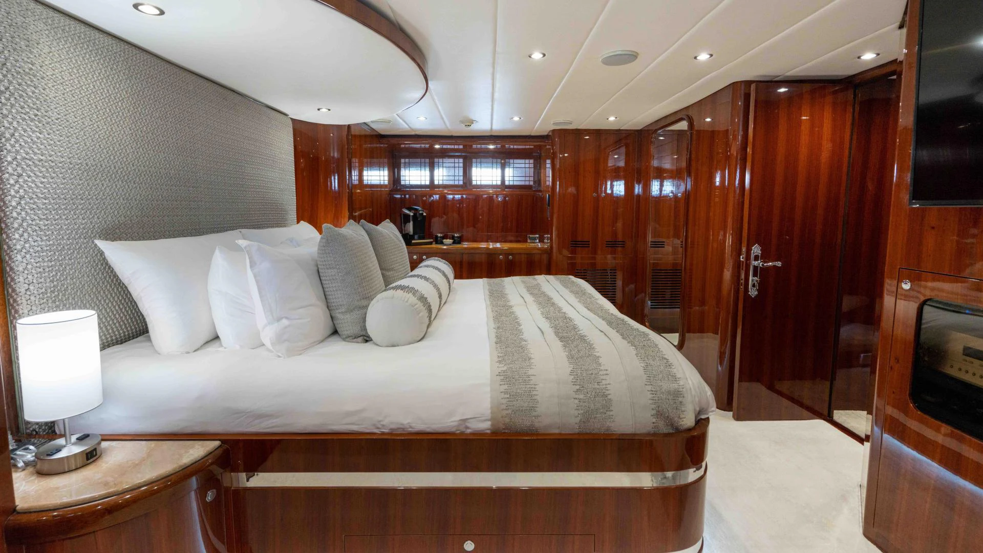 a bed in a room aboard NEVER SETTLE Yacht for Sale