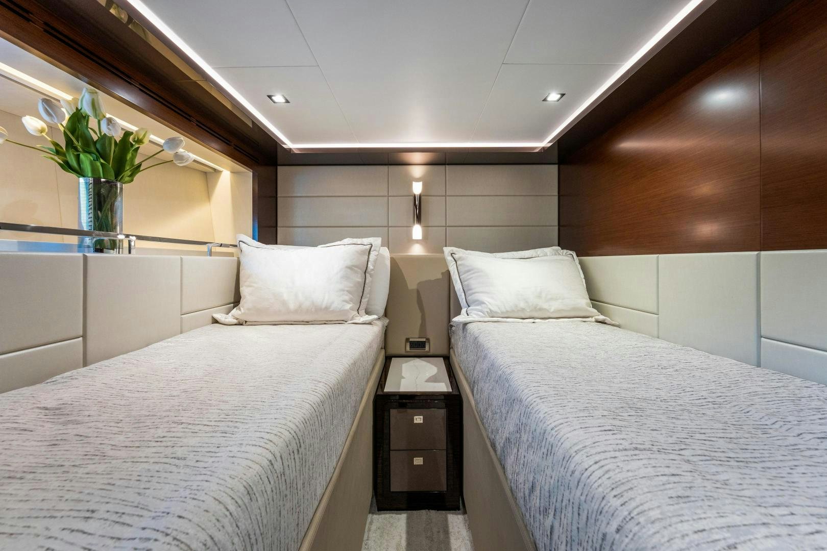 a room with two beds aboard LIVING LIFE Yacht for Sale