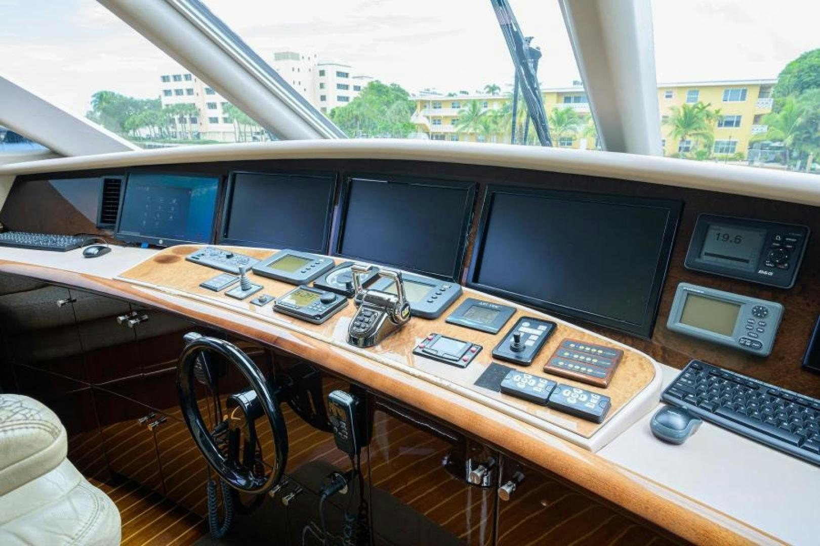 a desk with many computer monitors aboard GYPSEA Yacht for Sale