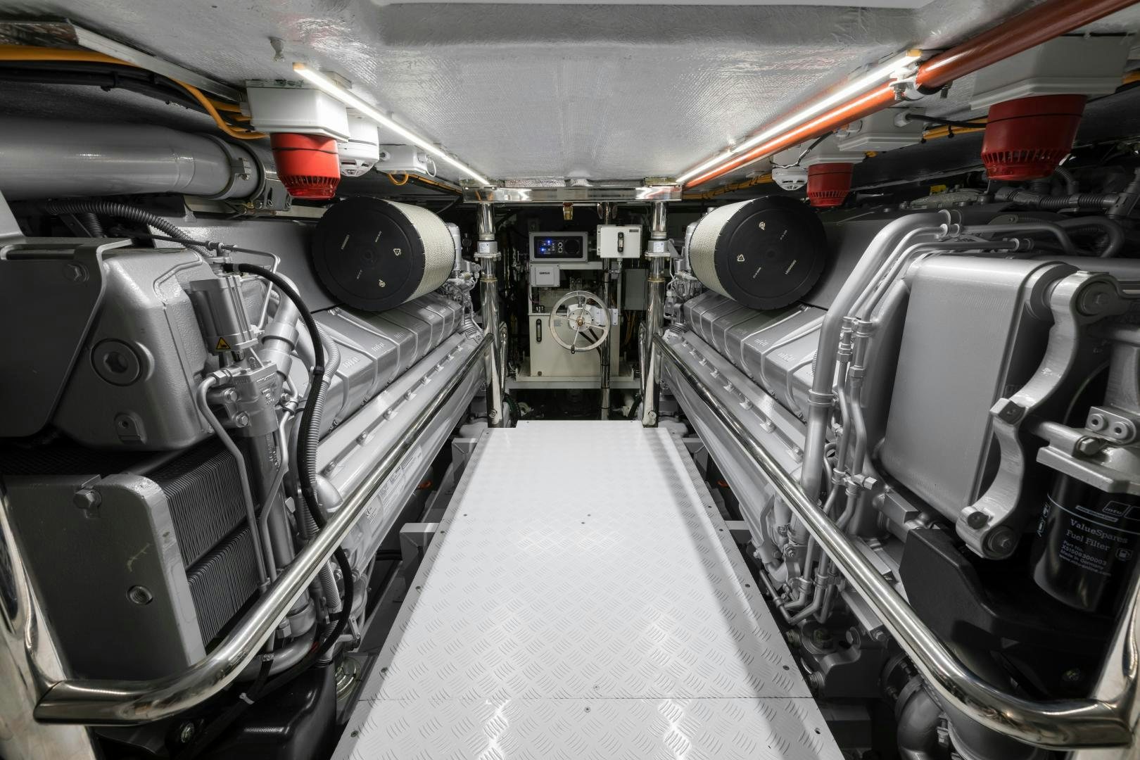 a large room with large pipes aboard FRANCESCA Yacht for Sale