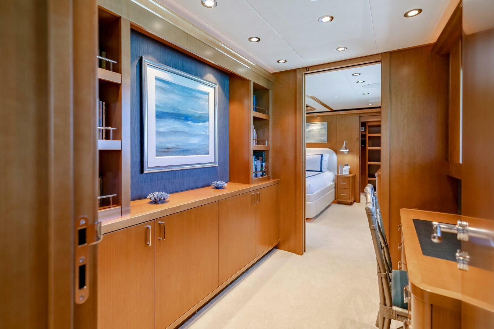 a bathroom with a large window aboard FAR NIENTE Yacht for Sale