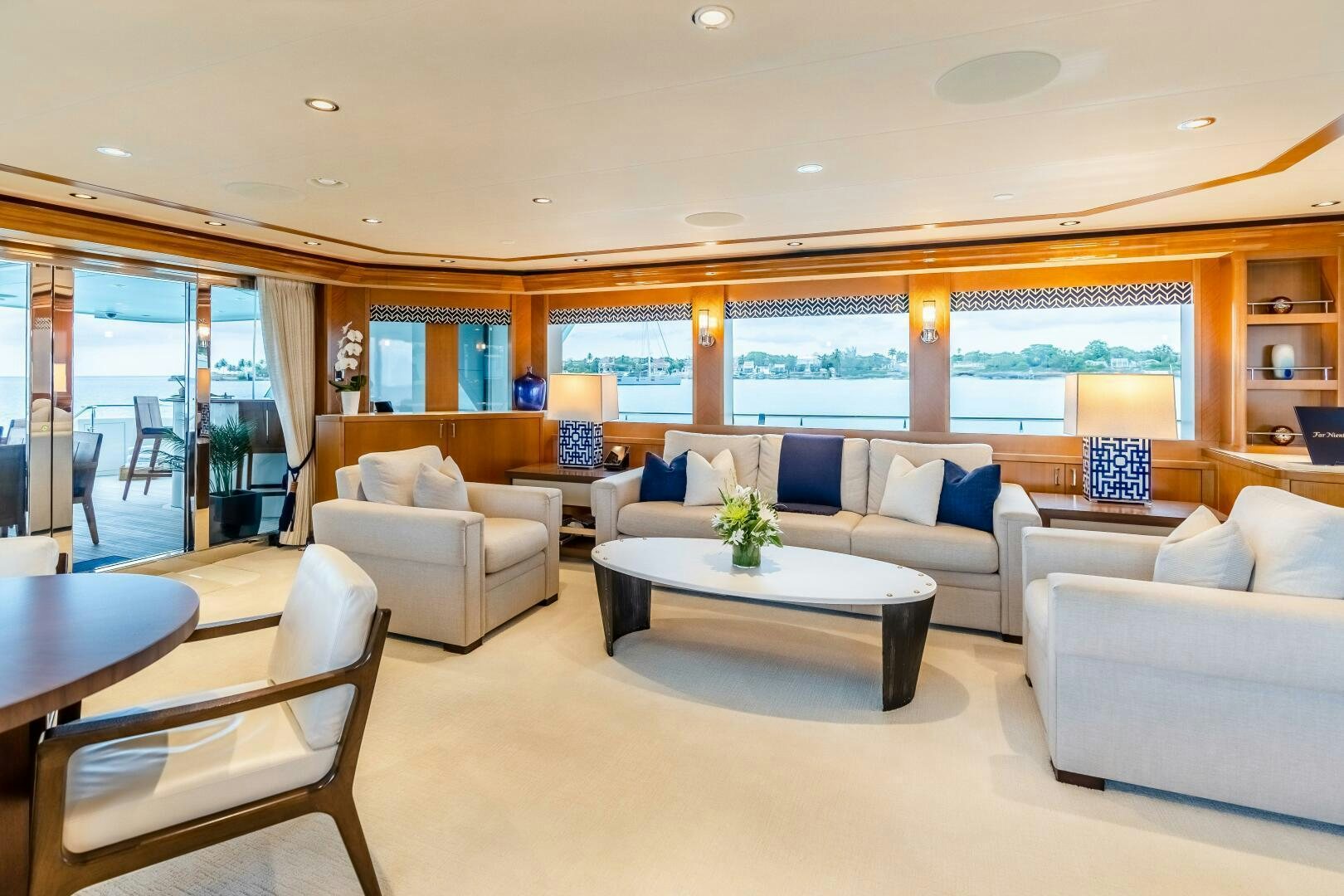 a living room with a large window aboard FAR NIENTE Yacht for Sale
