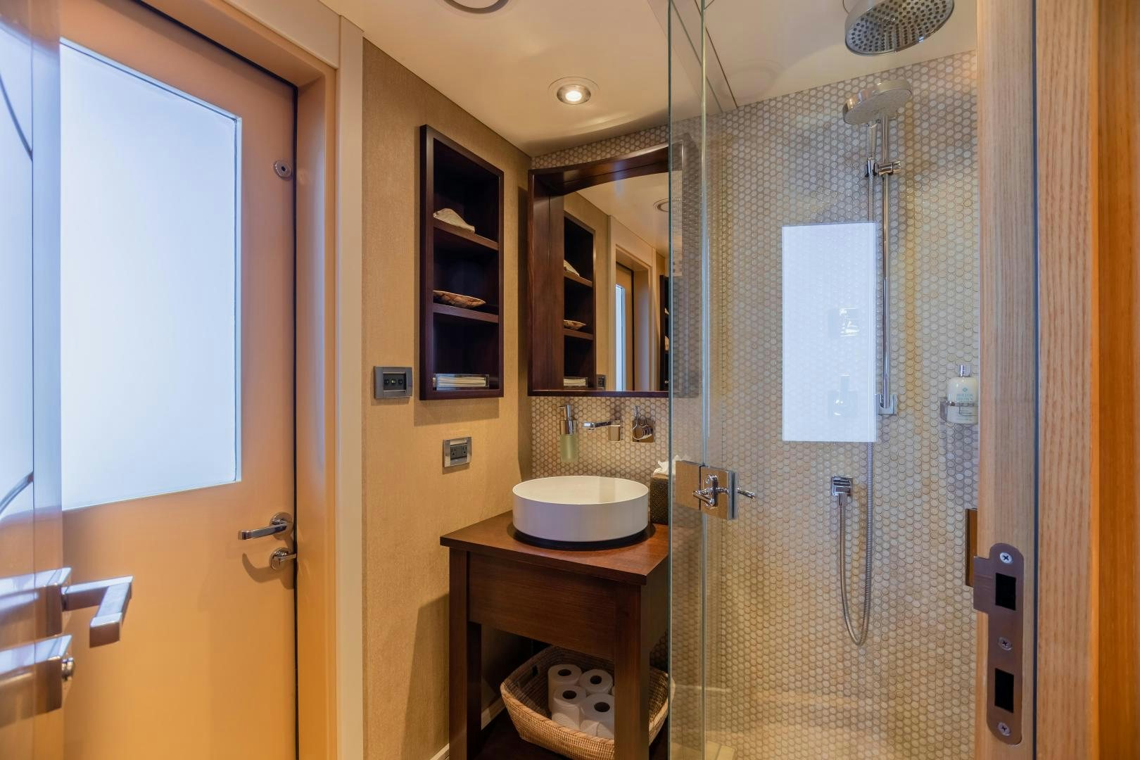 a bathroom with a shower and sink aboard ROCHADE Yacht for Sale