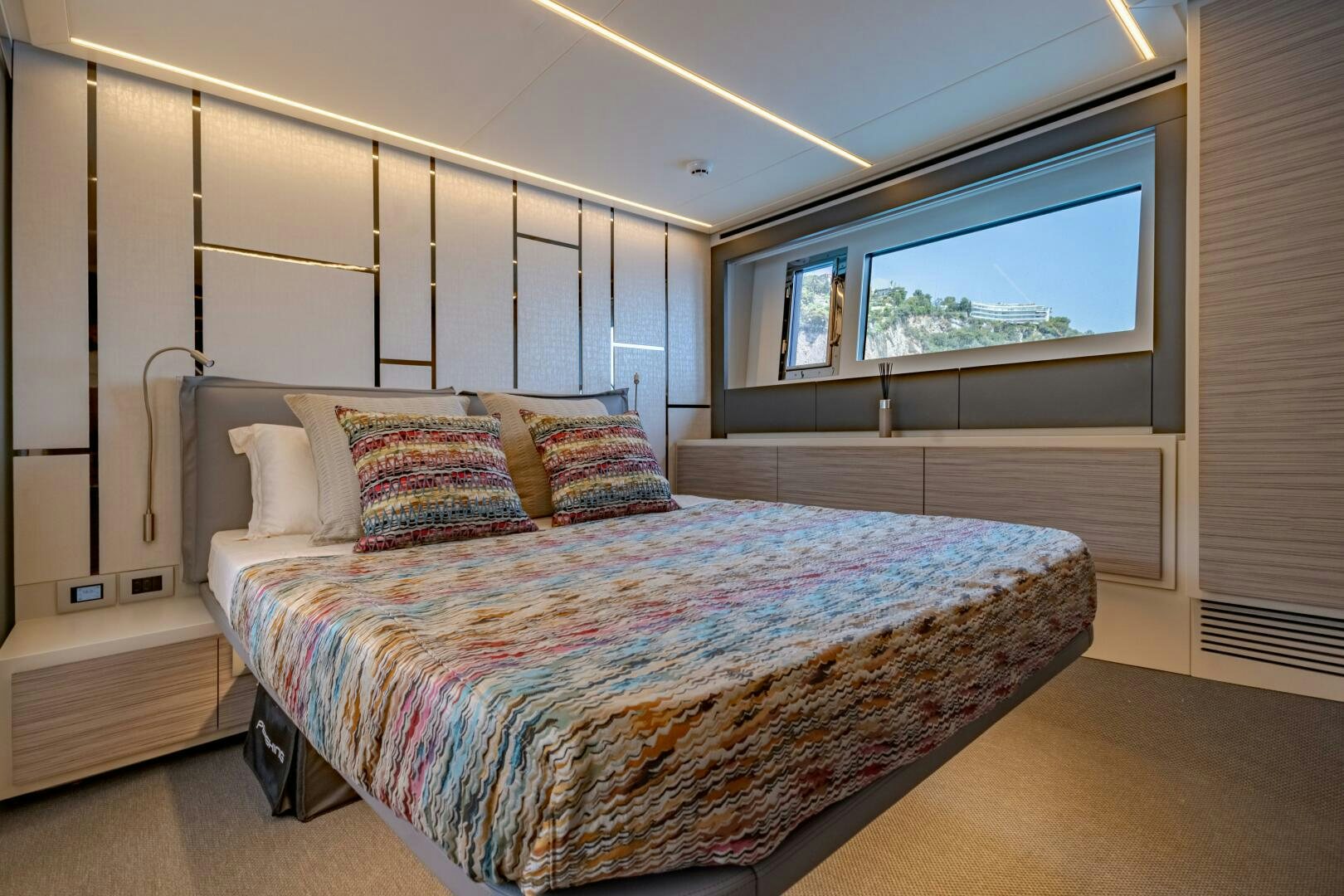 a bed in a room aboard SILVER MISSILE Yacht for Sale