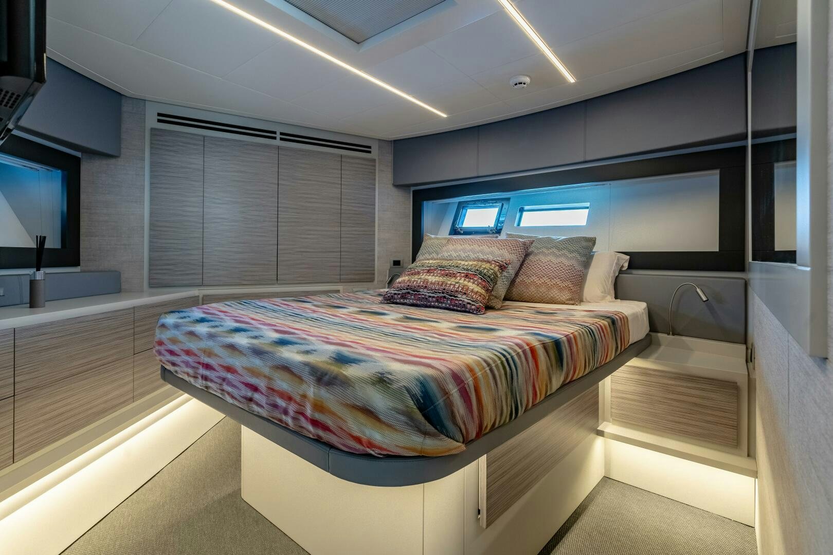 a bed in a room aboard SILVER MISSILE Yacht for Sale