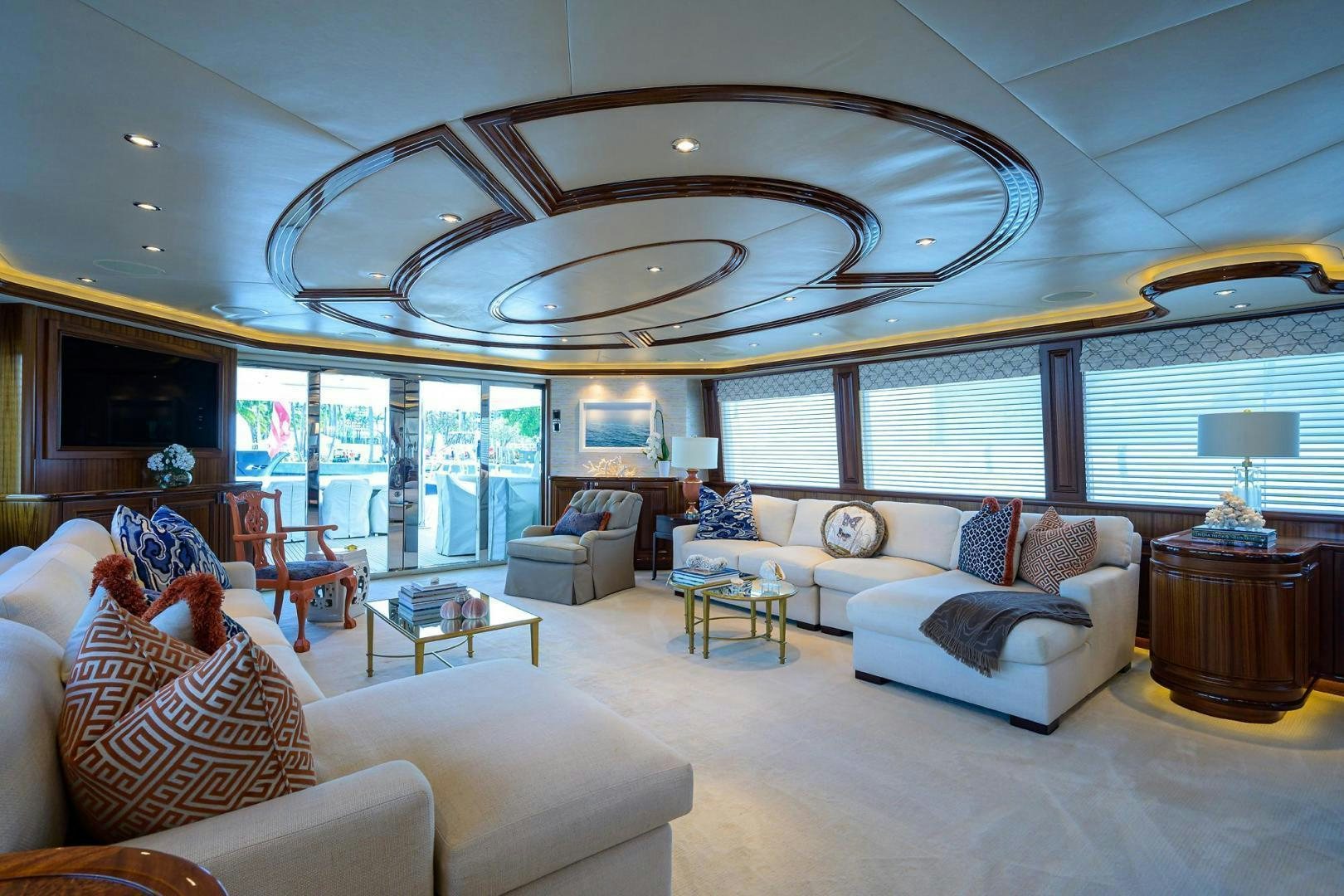 a living room with a large ceiling aboard CERCA TROVA Yacht for Sale