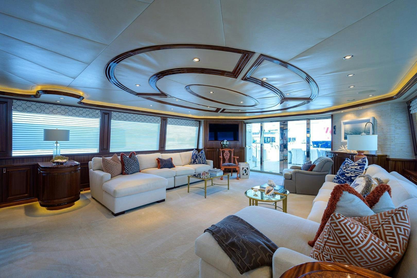 a living room with a large ceiling aboard CERCA TROVA Yacht for Sale