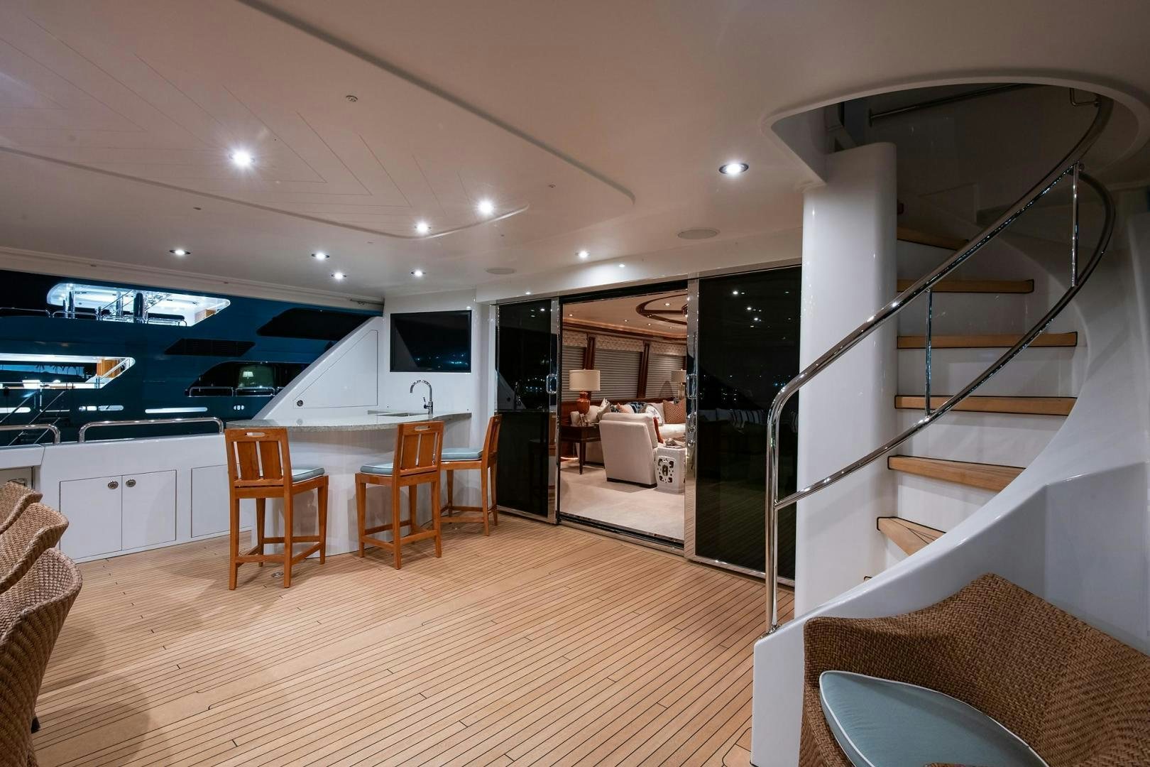 a large open kitchen and dining area aboard CERCA TROVA Yacht for Sale