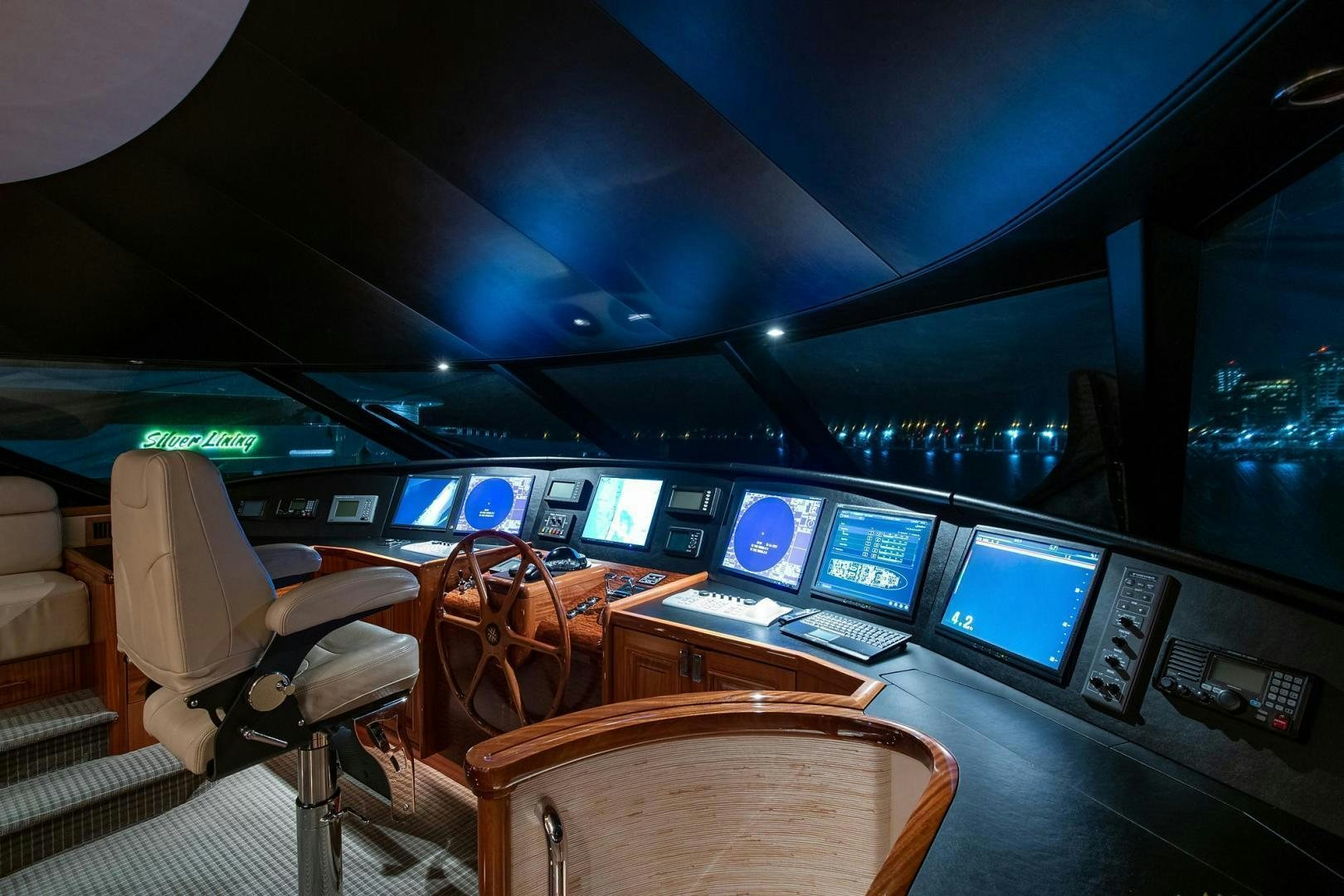 a vehicle with many screens aboard CERCA TROVA Yacht for Sale