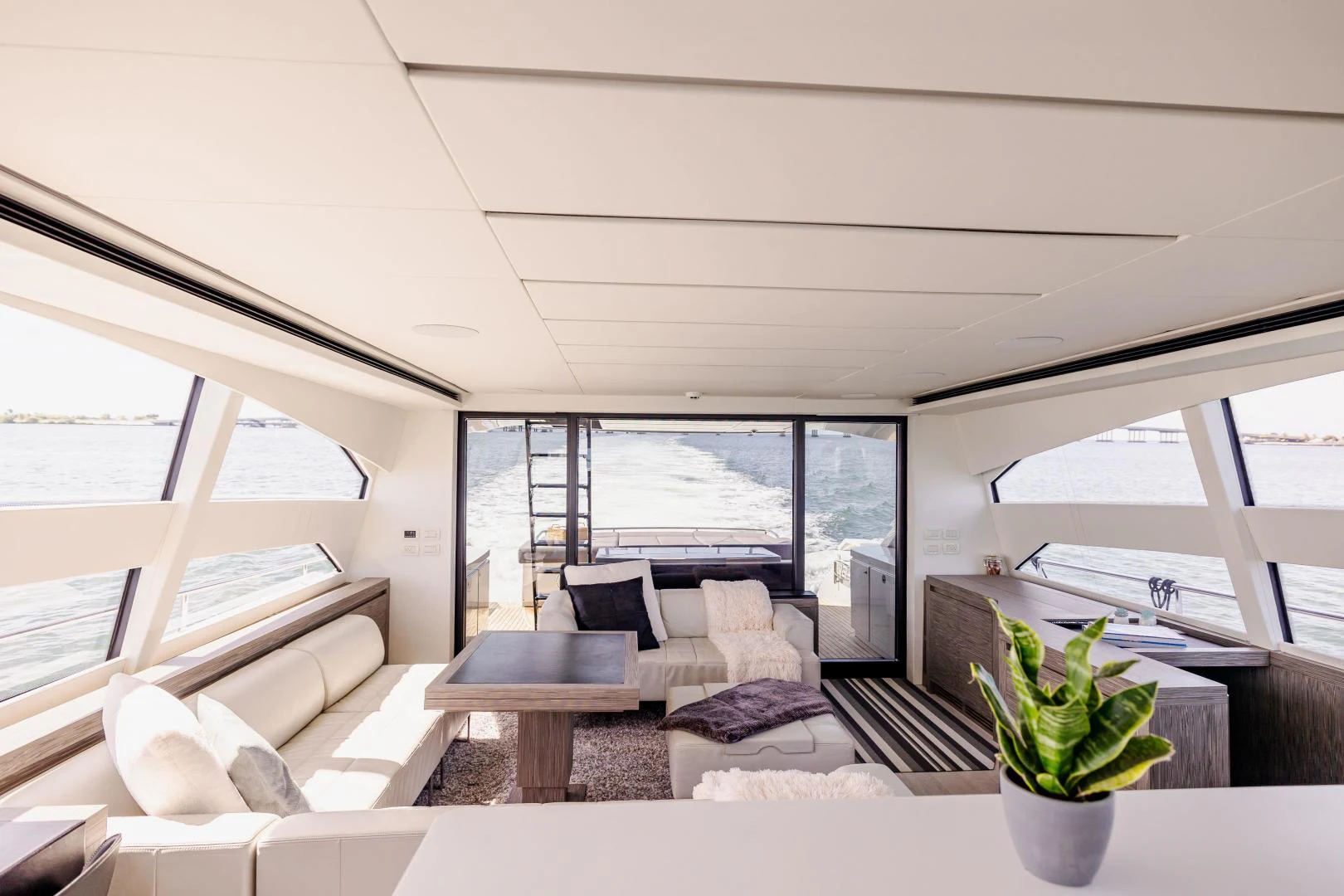 a living room with a couch and a plant aboard DOUBLE OR NOTHING Yacht for Sale