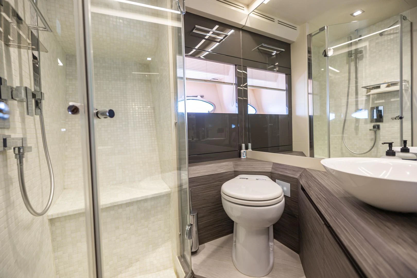 a bathroom with a glass shower aboard DOUBLE OR NOTHING Yacht for Sale