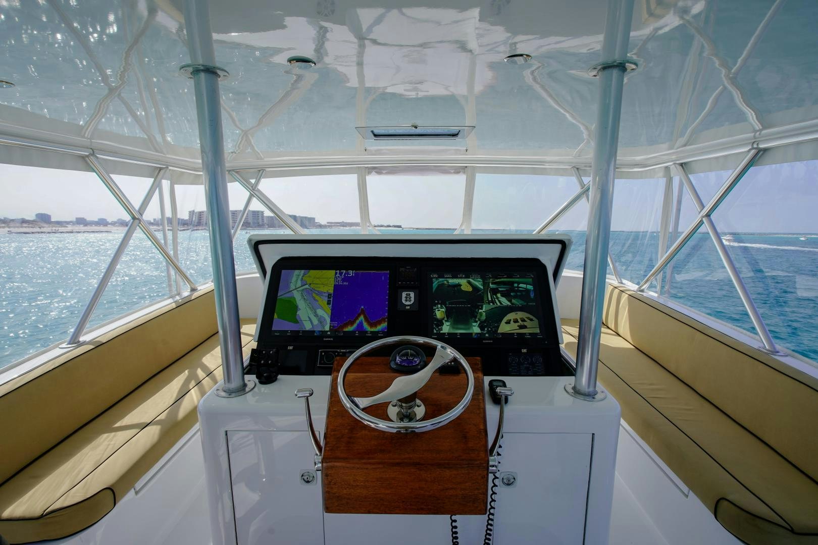 a steering wheel on a boat aboard BIG ENOS Yacht for Sale