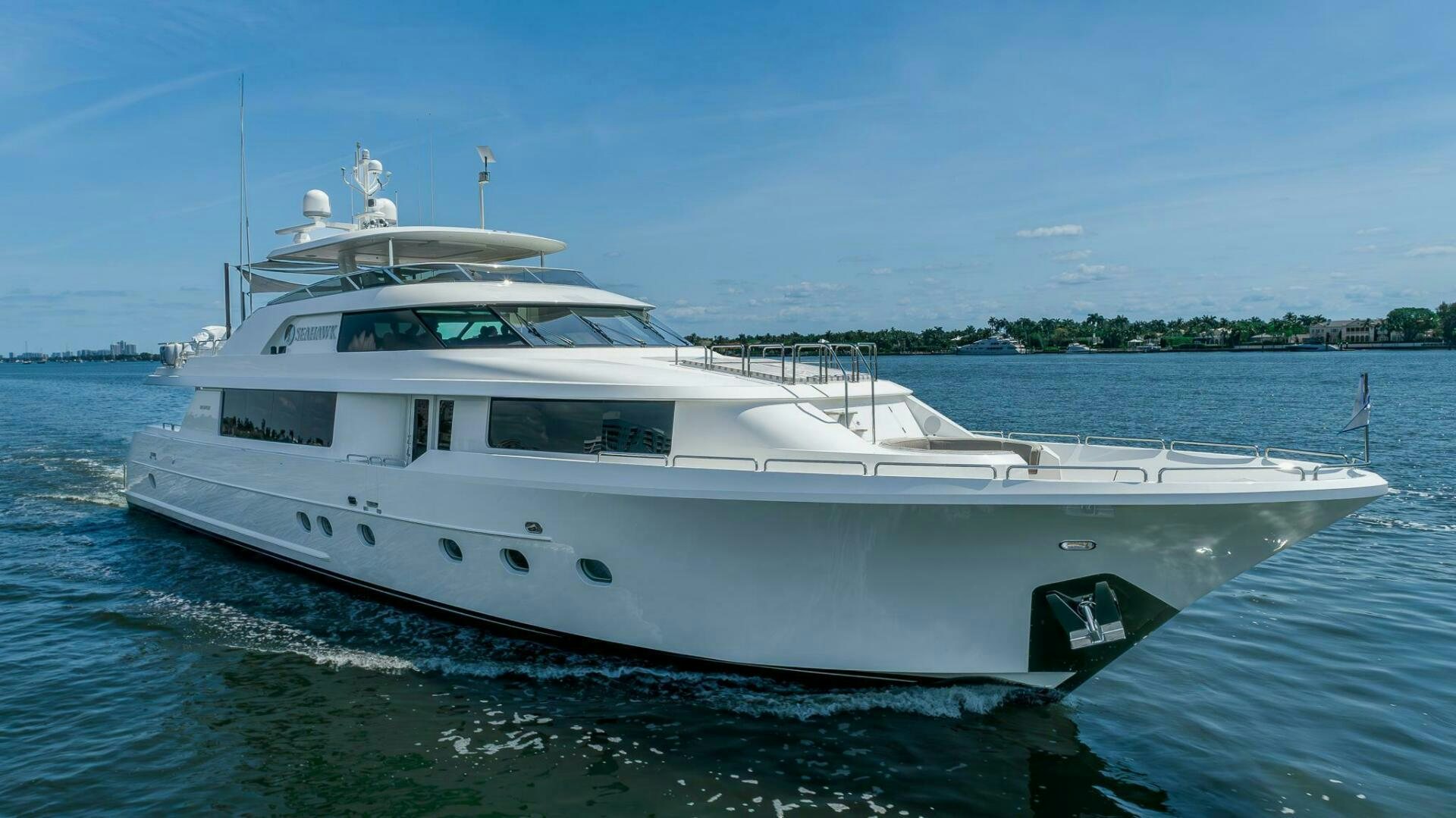 a white yacht on the water aboard SEAHAWK Yacht for Sale