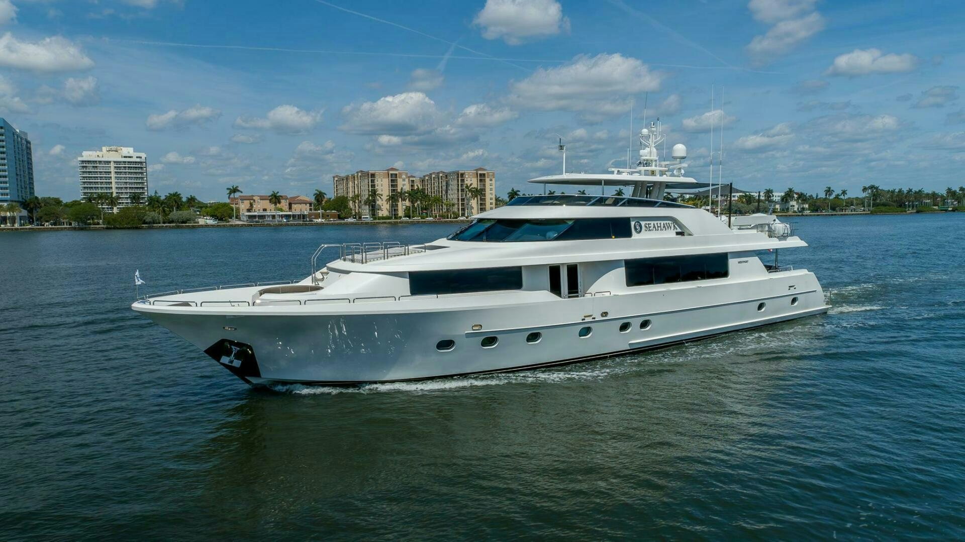 a white yacht on the water aboard SEAHAWK Yacht for Sale