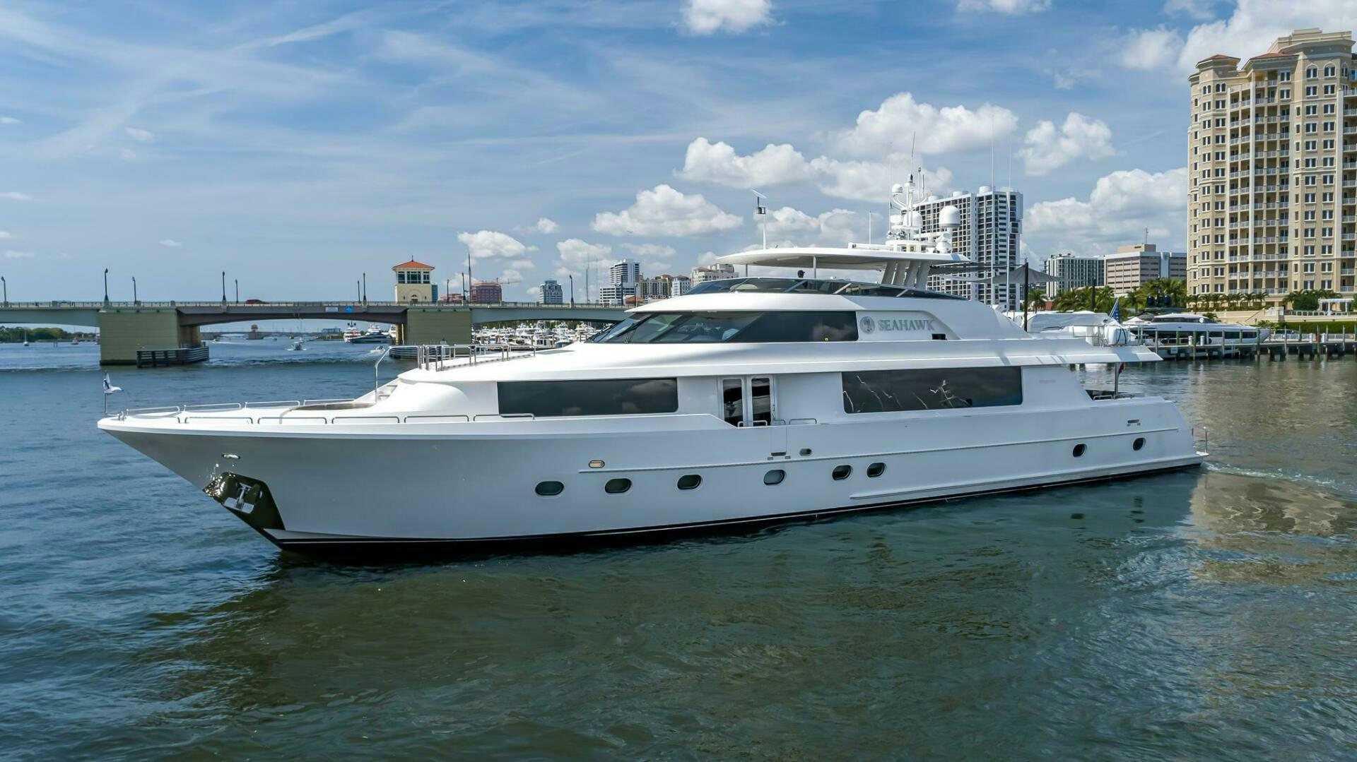 a white yacht in the water aboard SEAHAWK Yacht for Sale