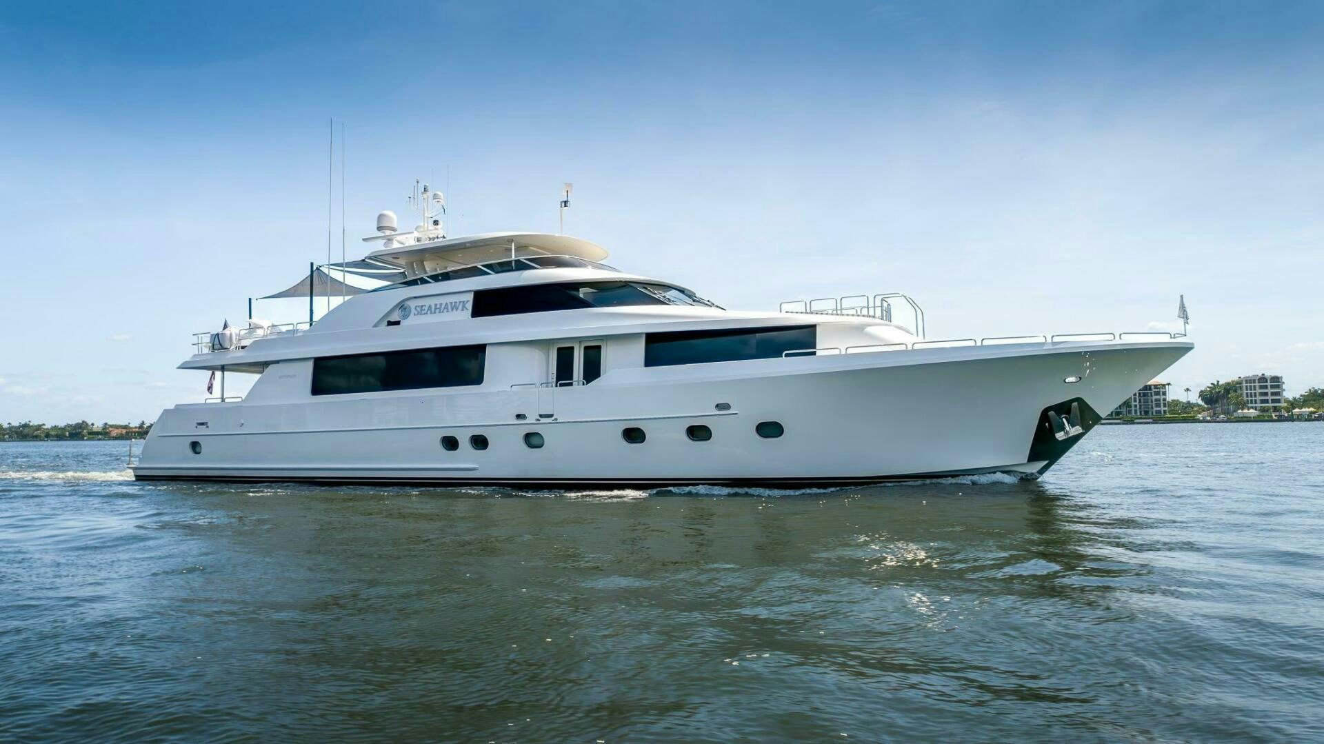 a white yacht on the water aboard SEAHAWK Yacht for Sale
