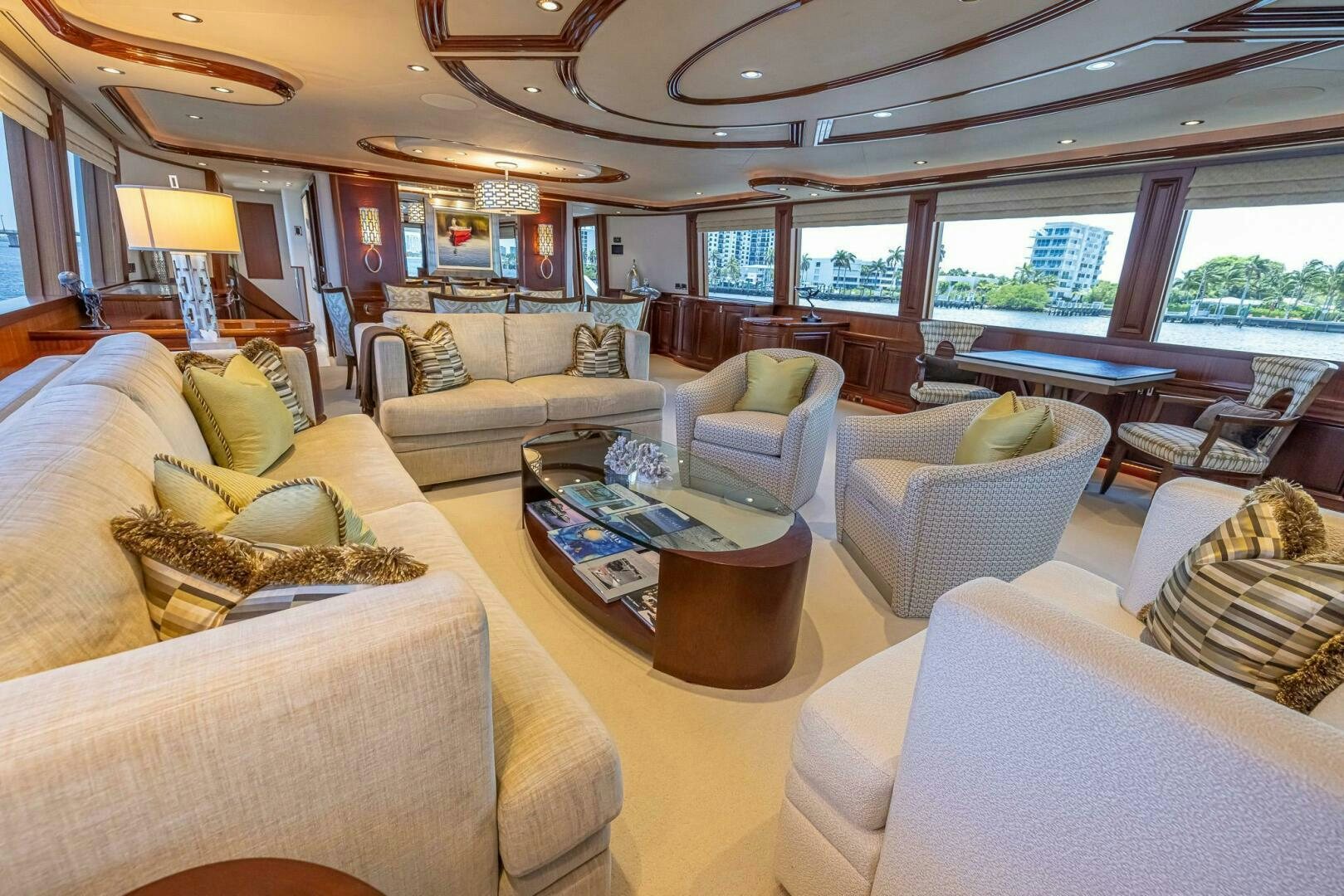 a living room with a large window aboard SEAHAWK Yacht for Sale