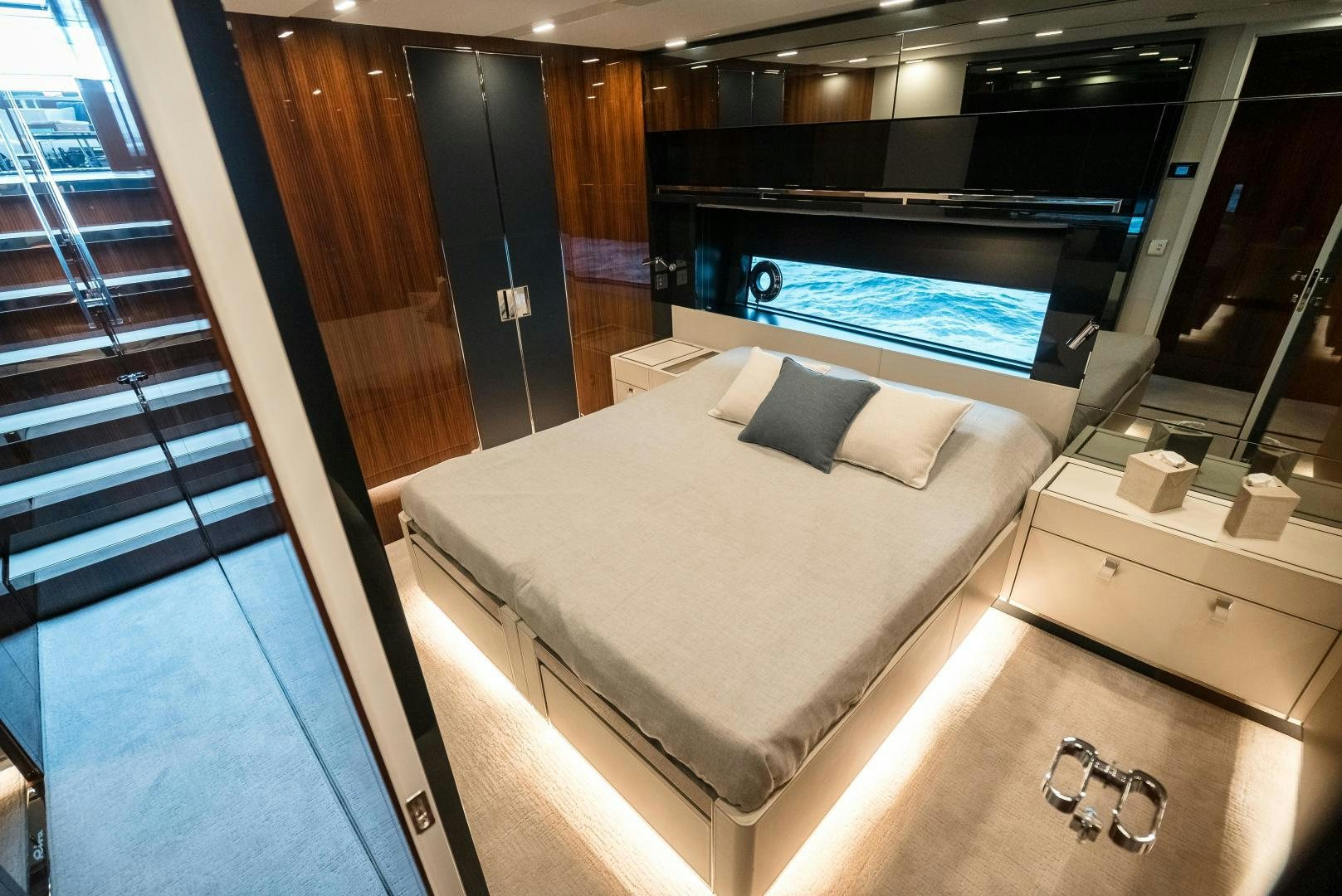 a large bathroom with a large bed aboard BEL SOGNO Yacht for Sale