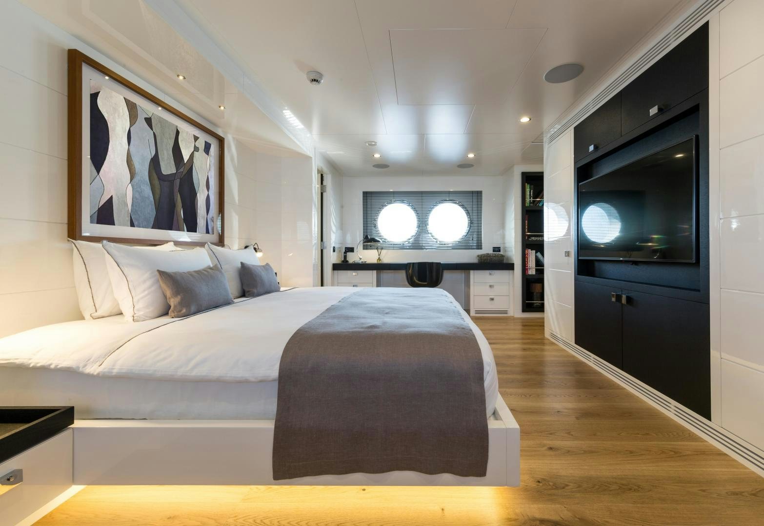 a bed in a room aboard HEKATE, P372 Yacht for Sale